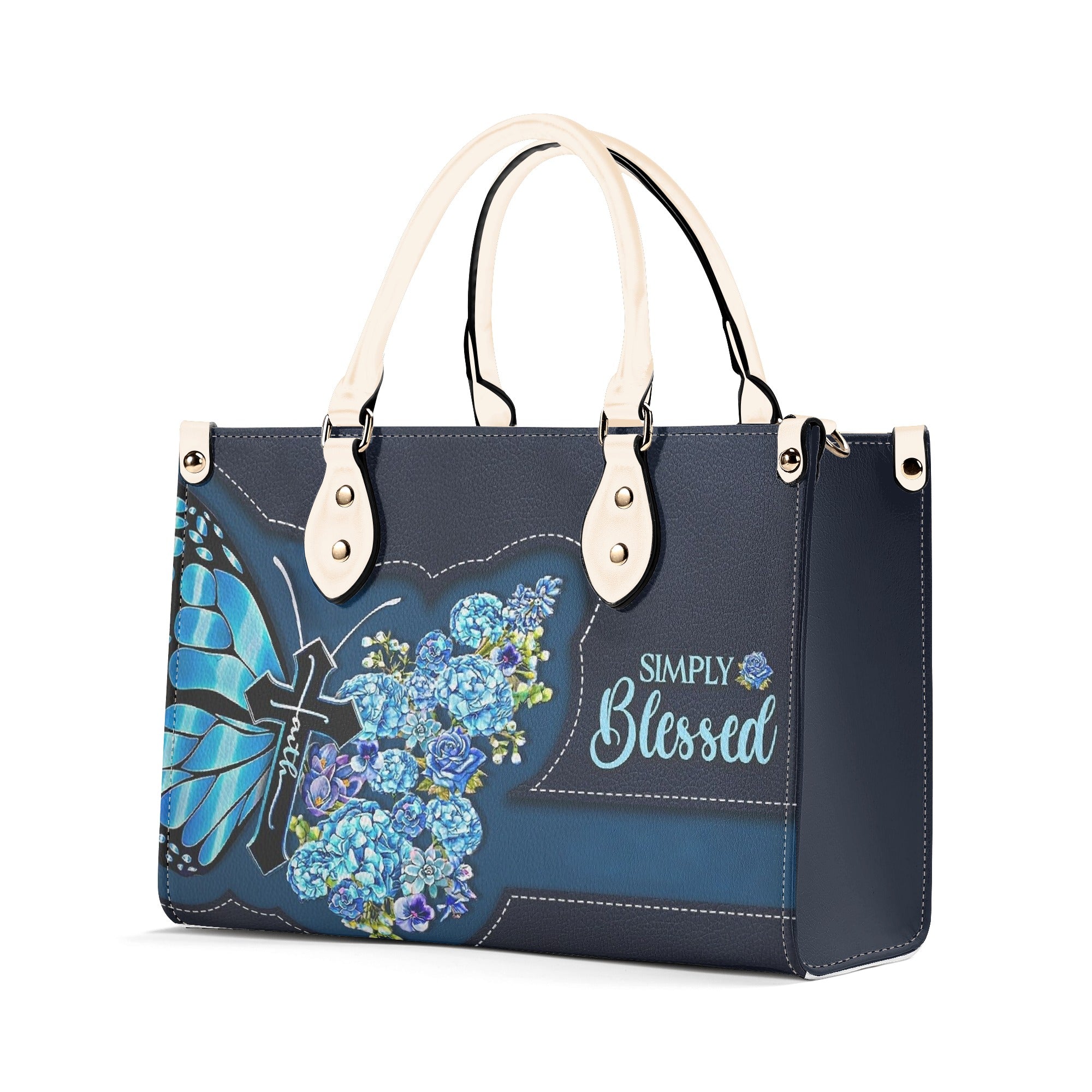Simply Blessed Blue Butterfly Flower Leather Bag, Custom Name Bags, Jesus christian Bags. BLAF02
